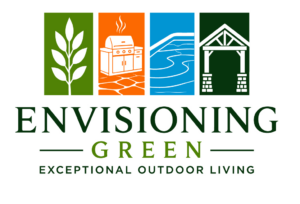 Envisioning Green refreshed logo with illustrated landscaping, outdoor kitchen, pool and pavilion panels
